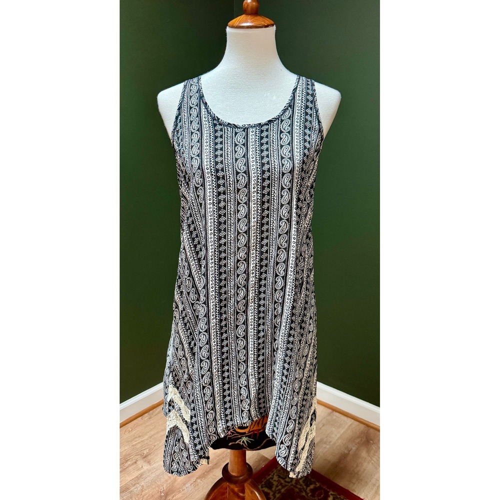 Paisley Black White Lace Trim Bohemian‎ Dress Women's Size S